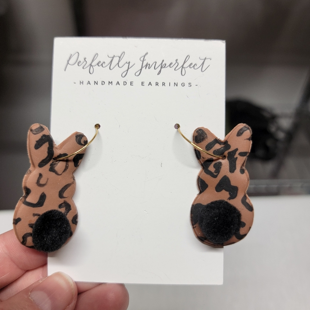 Handmade Bunny Leopard Pom Pom Earrings